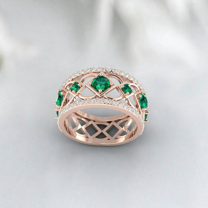 Lab Created Emerald 925 Sterling Silver Rose Gold Prong Stacking Matching Band 