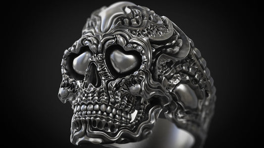 925 Sterling Silver Biomechanical Skull of Love Ring US7~15 Oxidized Biker Rider