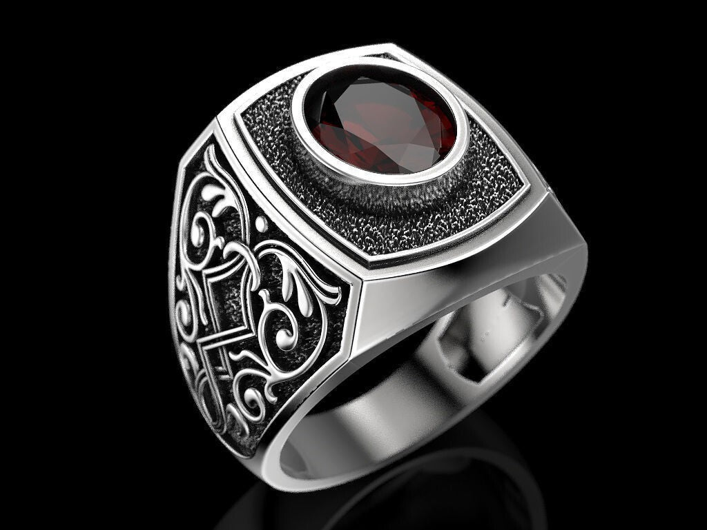 Natural Red Stone Sapphire Gemstone Ring 925 Silver Men Signet Ring Gift US5-15