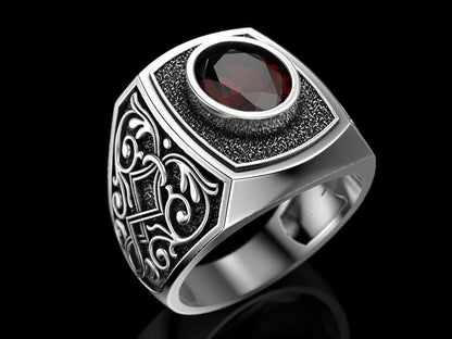 Natural Red Stone Sapphire Gemstone Ring 925 Silver Men Signet Ring Gift US5-15