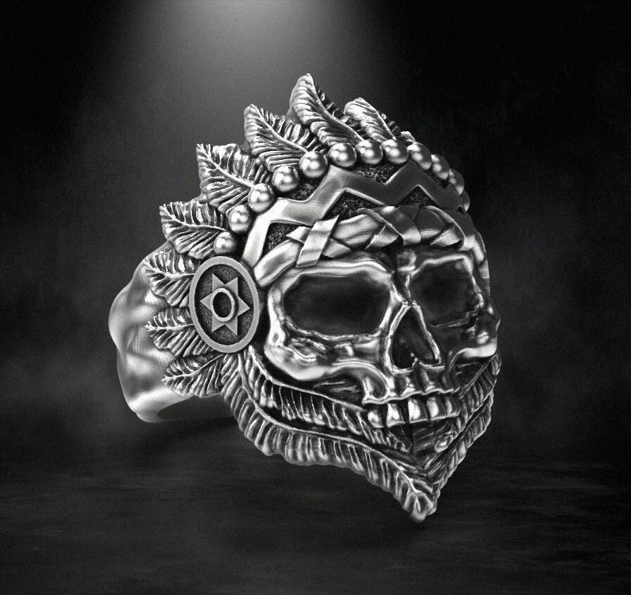 Silver Skull Indian Tribal Chief Ring US5-15 Handmade Statement Skull Ring Men