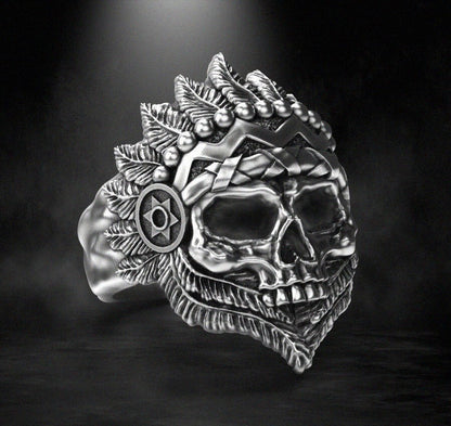 Silver Skull Indian Tribal Chief Ring US5-15 Handmade Statement Skull Ring Men