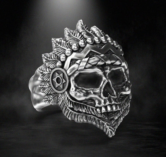 Silver Skull Indian Tribal Chief Ring US5-15 Handmade Statement Skull Ring Men