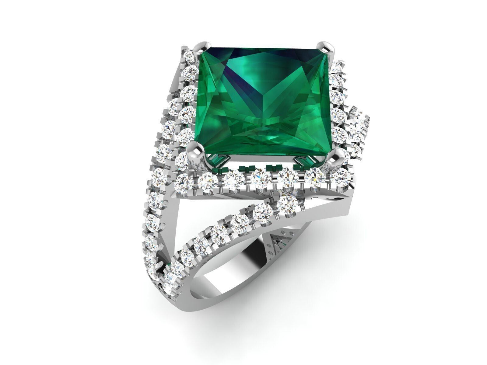 Emerald Cut Natural Emerald Diamond Ring 925 Sterling Silver Wedding Ring US5-15