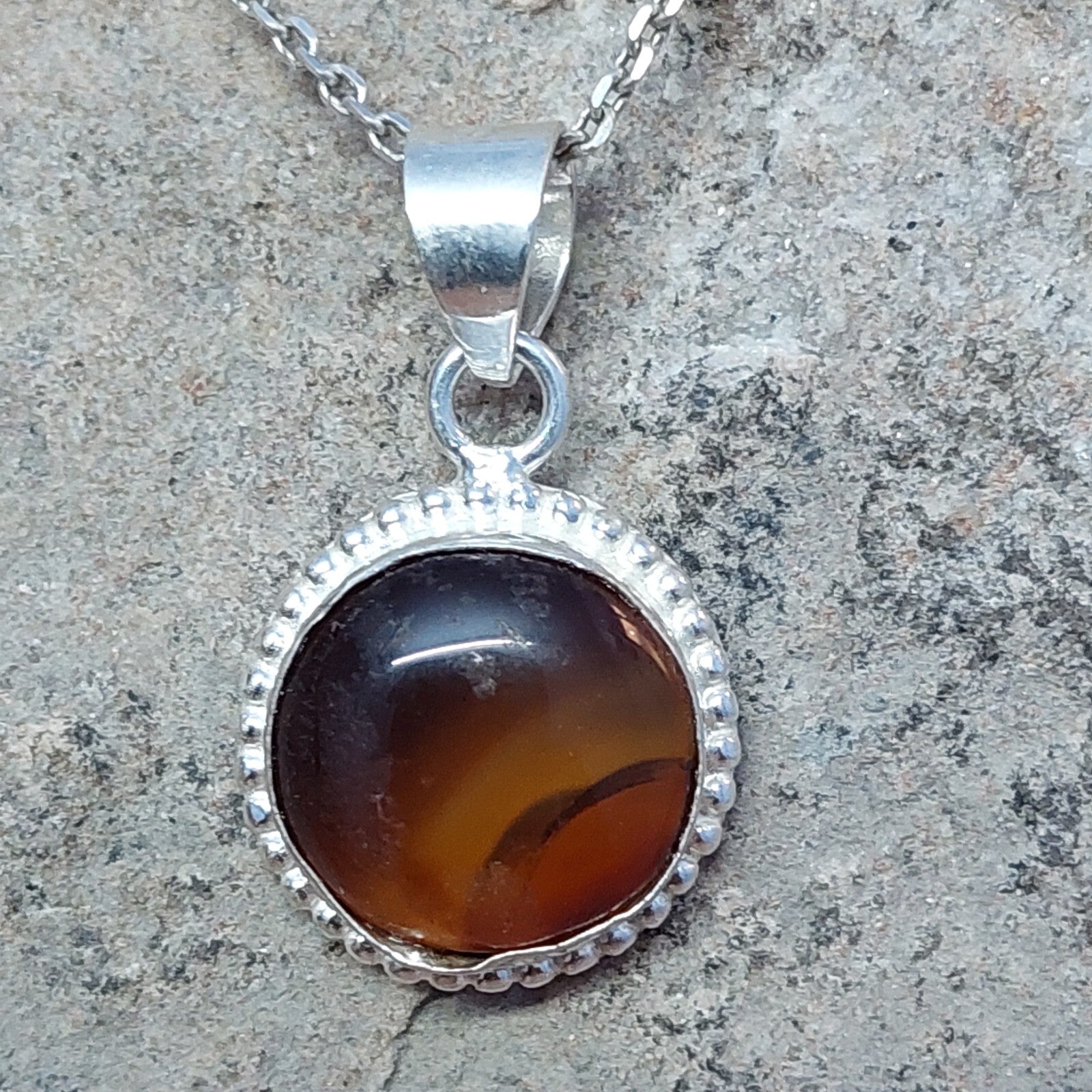 925 Sterling Silver Round Shape Brown Agate Pendant Only Pendant For Women