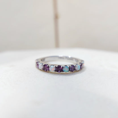 Fire Opal Amethyst Ring Genuine Silver Half Eternity Band Handmade Women US5~15