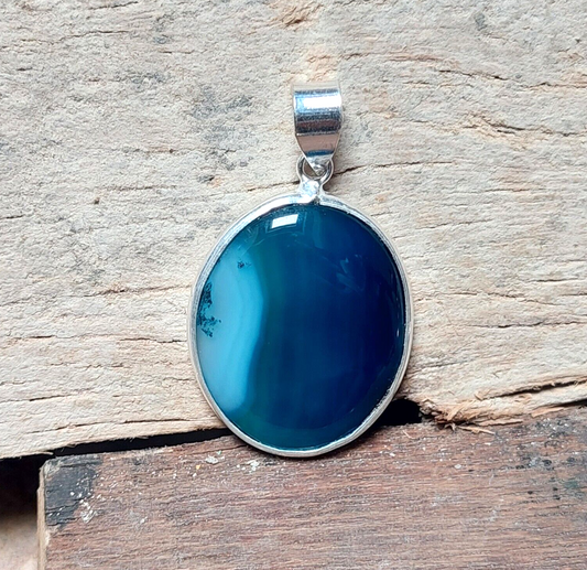 Blue Banded Agate Stone Handmade Silver Pendant 925 Sterling Silver Necklace