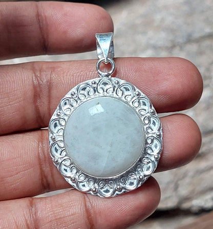 Rainbow Moonstone 925 Silver Pendant,Boho Pendant,Victorian Lucky Charm Pendant