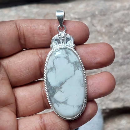 Oval White Howlite 925 Silver Gemstone Pendant,Designer Bezel Pendant For Women