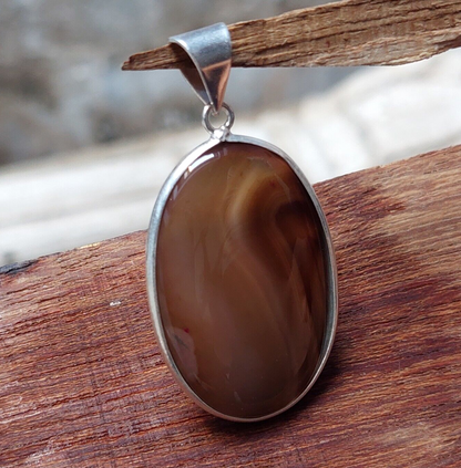 Vintage Chocolate Oval Brown Banded Agate Sterling Silver Pendant,Bezel Pendant