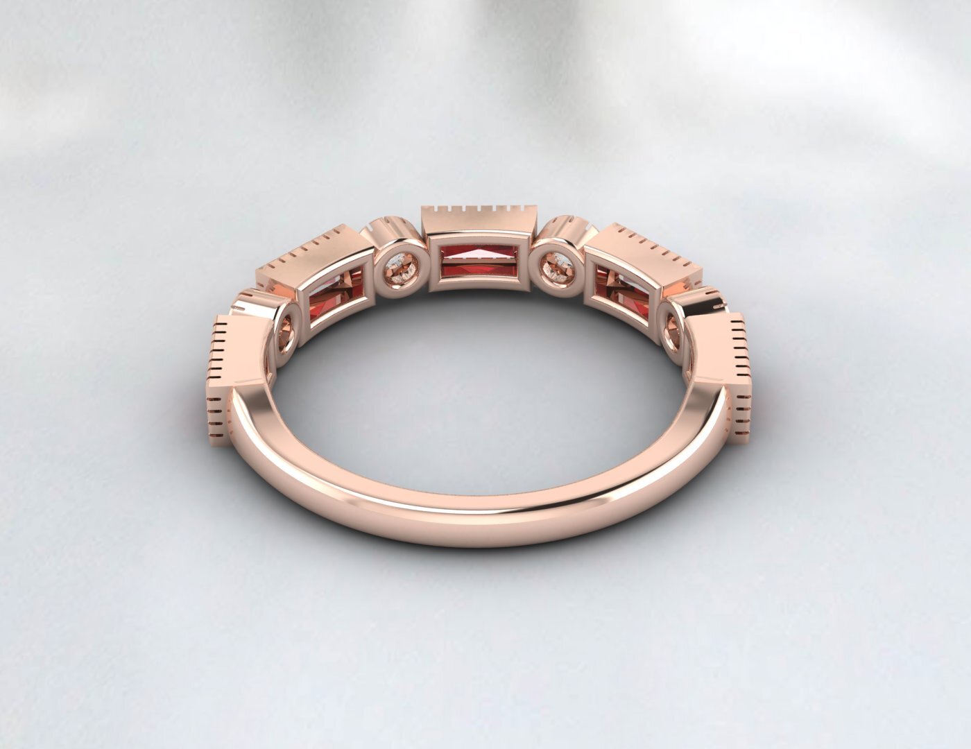 Natural Baguette Cut Red Garnet & Cubic Zirconia Half Eternity Fine Silver Band
