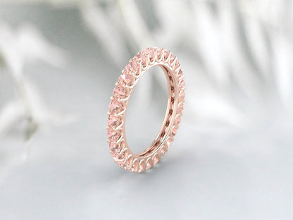 Natural Round Peach Morganite Band Eternity Matching Promise Fine Silver Band