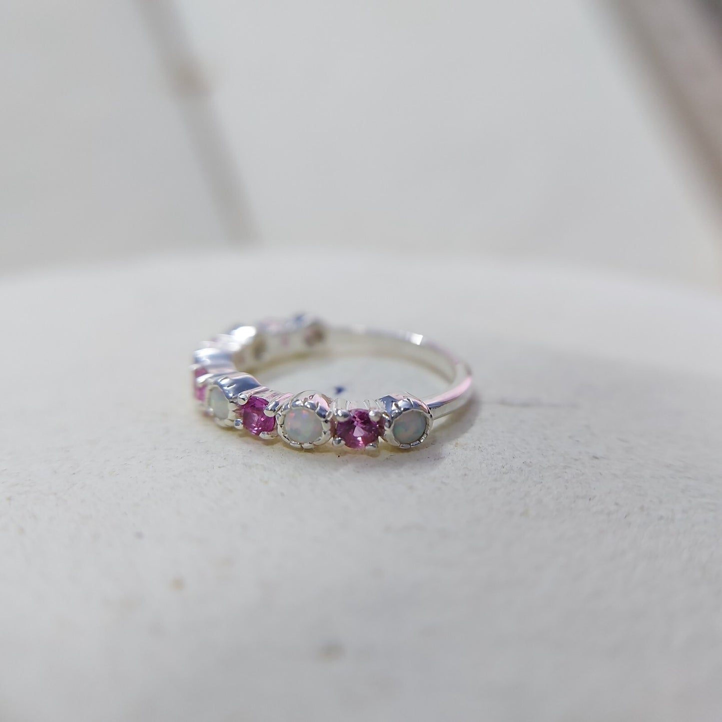 Opal and Ruby Wedding Ring Half Eternity Band Silver Stackable Band Gift Us5~ 15