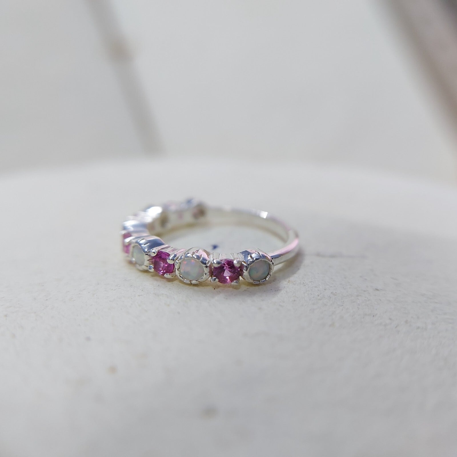 Opal and Ruby Wedding Ring Half Eternity Band Silver Stackable Band Gift Us5~ 15