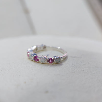 Opal and Ruby Wedding Ring Half Eternity Band Silver Stackable Band Gift Us5~ 15