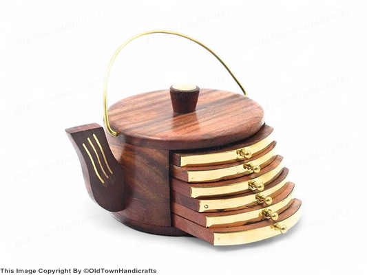 Wooden Tea Coaster Set of 6 Round Sheesham Wood with Brass Cattle Design, Gift
