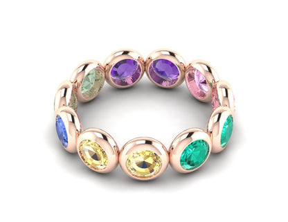Natural Round Multi Gemstone Wedding Band Fine Silver Bezal Set Eternity Band