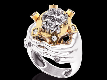 Gothic Brass Hand Holding Skull Ring Biker Punk CZ Custom Skull Ring Gift US5~15