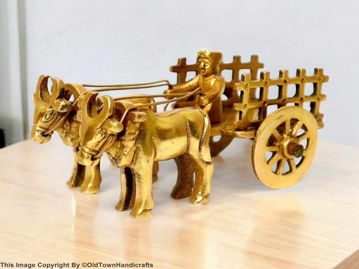 Brass Vintage Bullock Cart Showpiece Home Decor with Double Bull 6cm