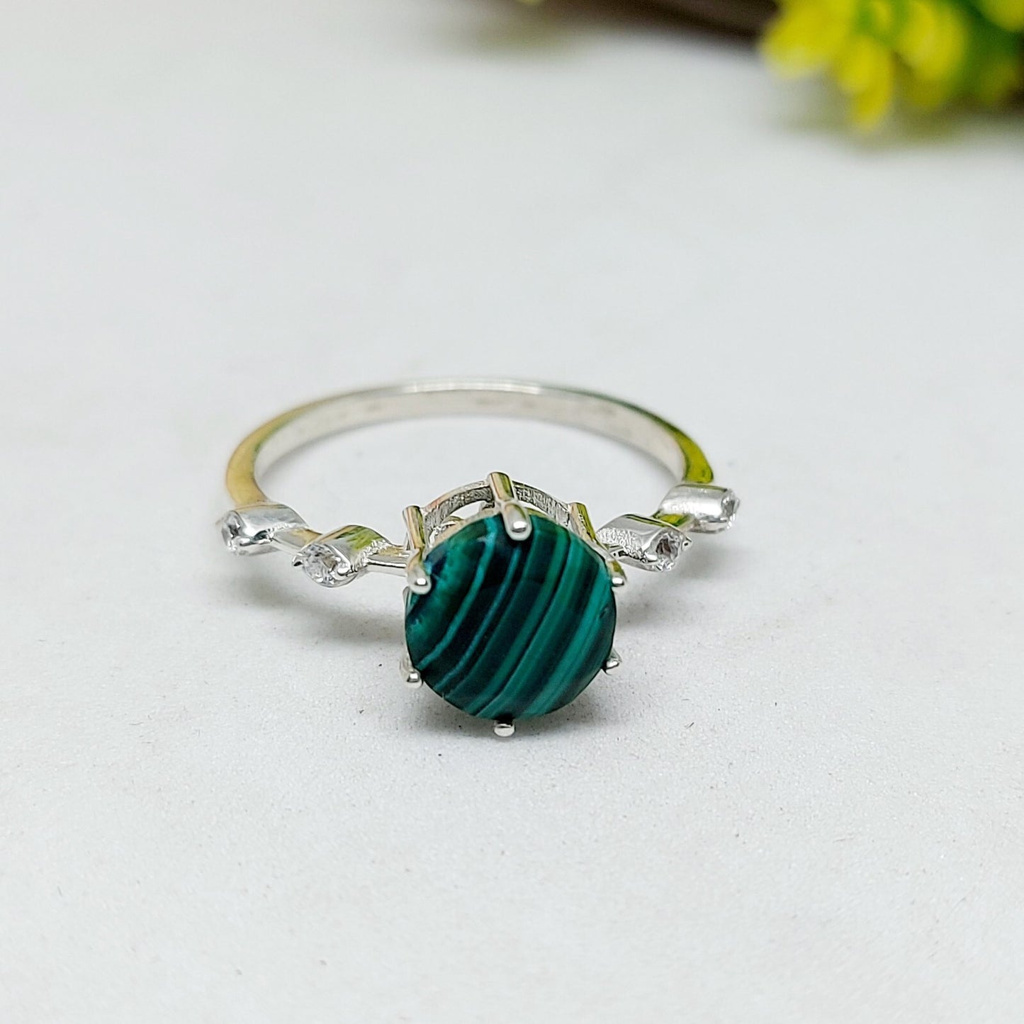 Natural Hexagon Malachite Ring 925 Sterling Silver Engagement Women's Jewelry