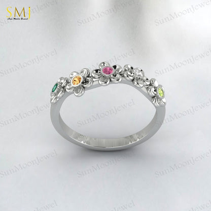 Natural Peridot Tourmaline Citrine Emerald Mutistone Flower Band in 925 Silver