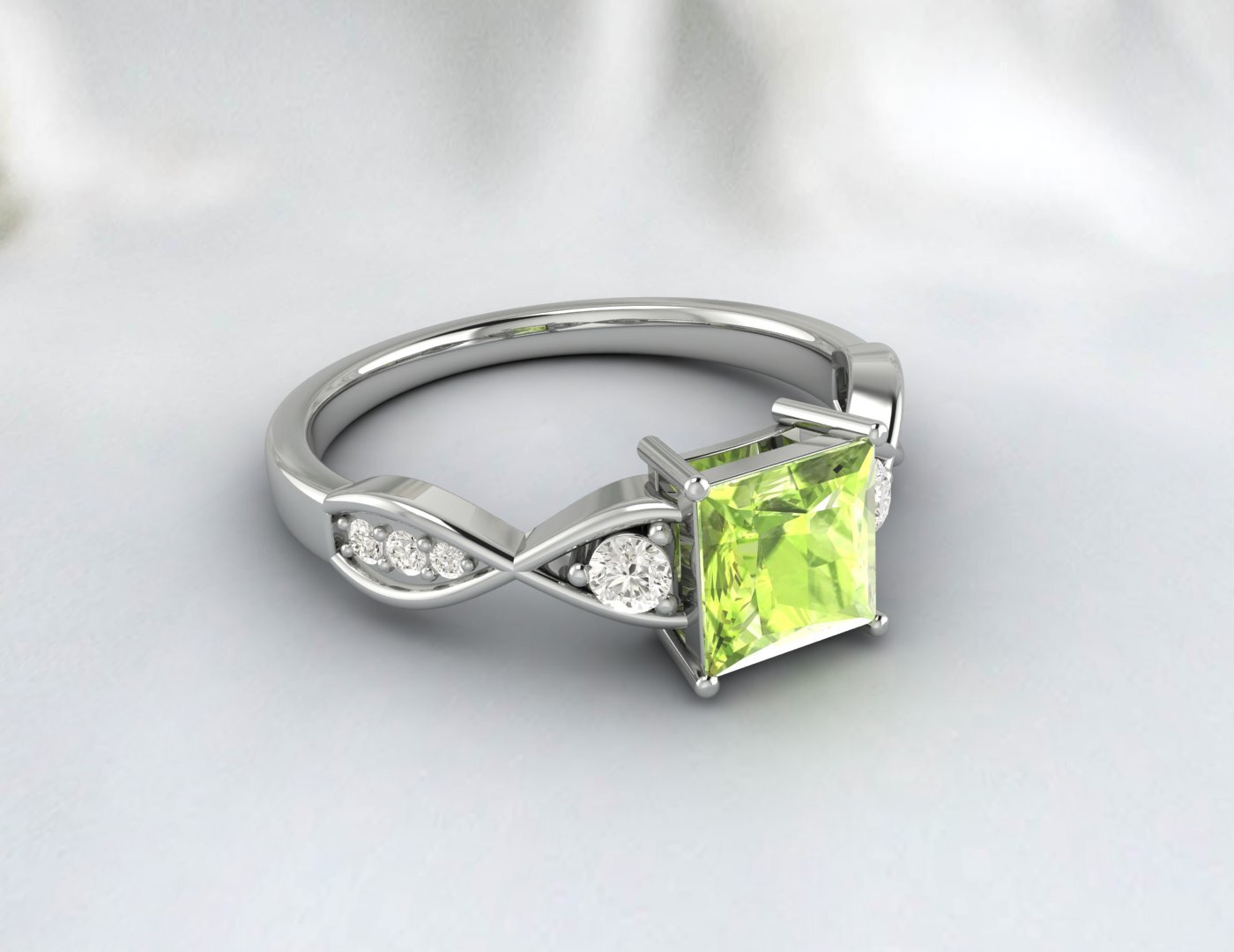 Natural Princess Cut Green Peridot Gemstone Ring Silver Engagement Ring US5~15