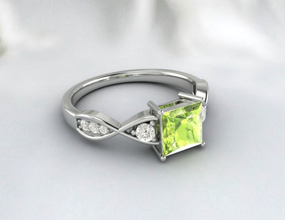 Natural Princess Cut Green Peridot Gemstone Ring Silver Engagement Ring US5~15