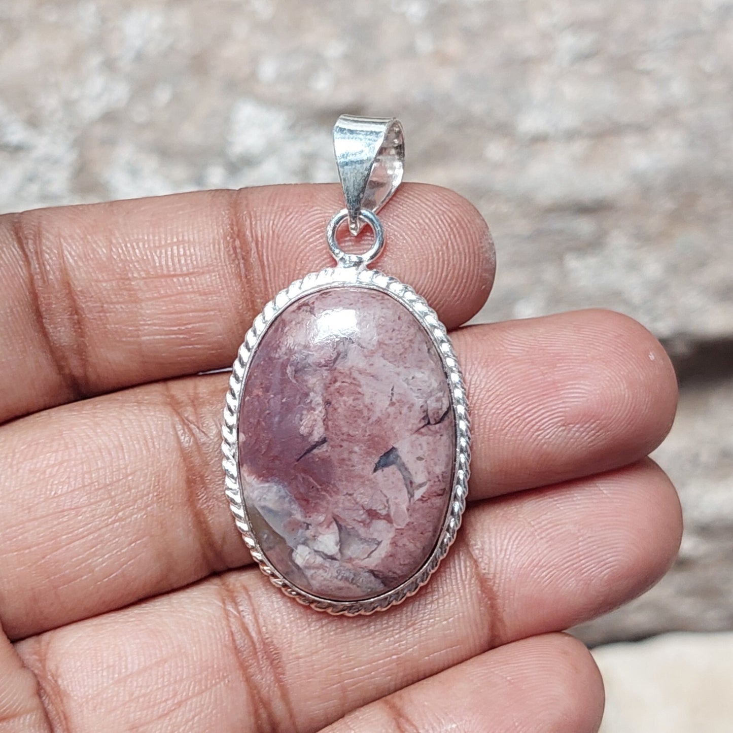 Oval Rhodochrosite Statement Pendant 925 Sterling Silver Handmade Pendant Gift