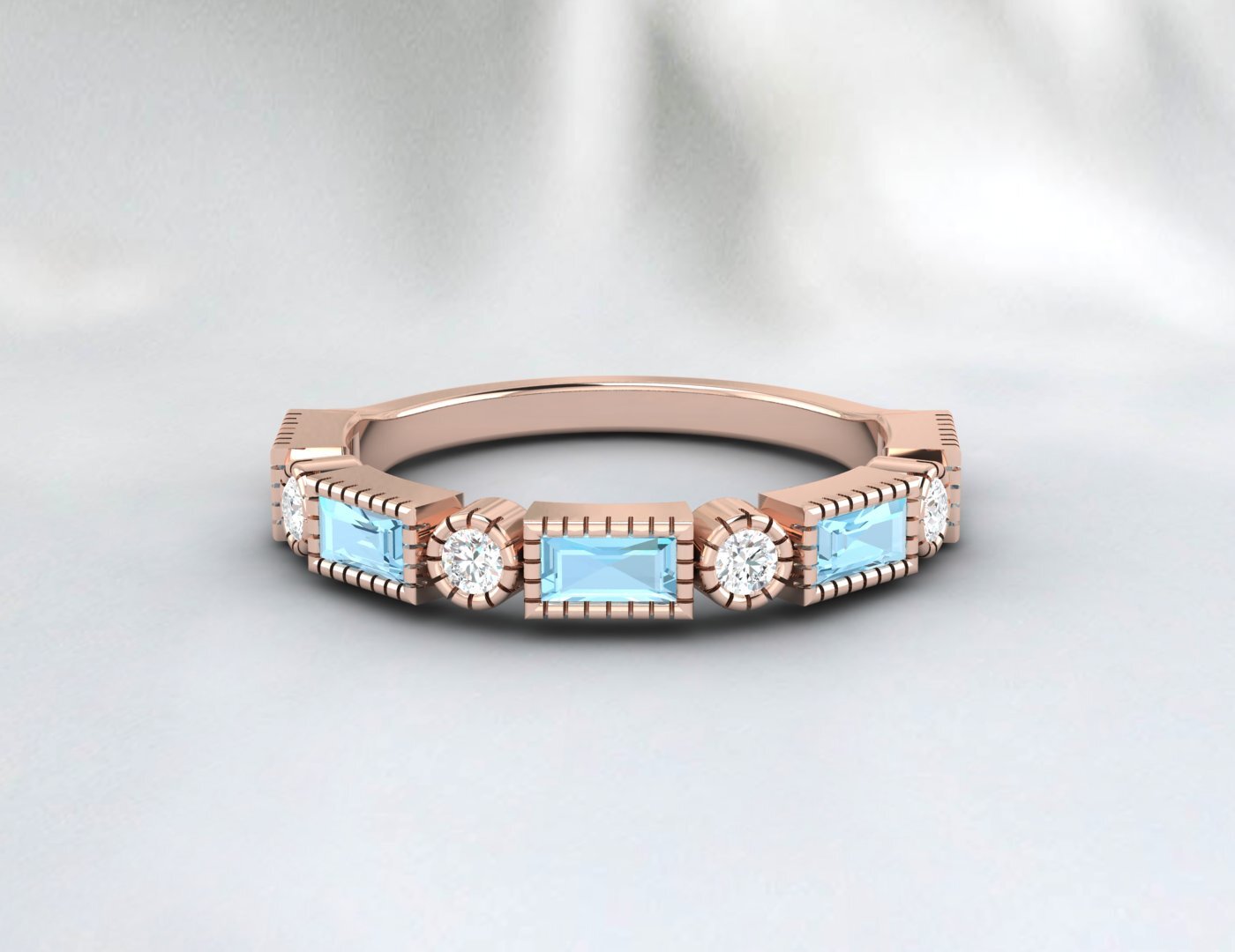 Natural Baguette Blue Aquamarine & Cubic Zirconia Half Eternity Fine Silver Band