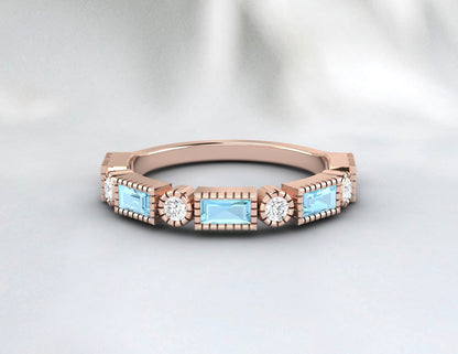 Natural Baguette Blue Aquamarine & Cubic Zirconia Half Eternity Fine Silver Band