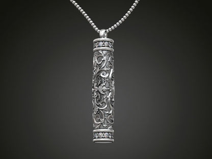Silver Tube Floral Pattern Pendant Antique Flower Bottle Shape Necklace Gift