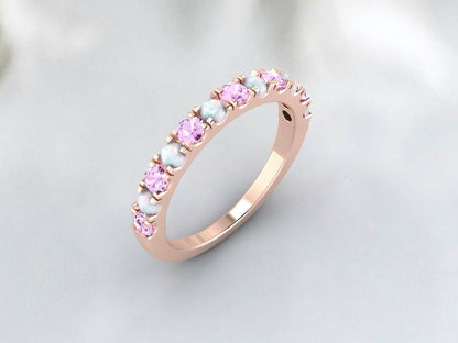 Natural Round Opal And Pink Sapphire Half Eternity Band Fine Silver Wedding Band