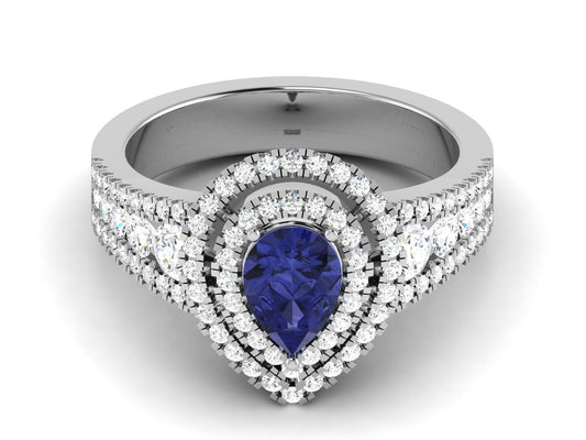 Pear Cut Blue Tanzanite Halo Engagement Band Ring 925 Silver Gift For Her US5-15