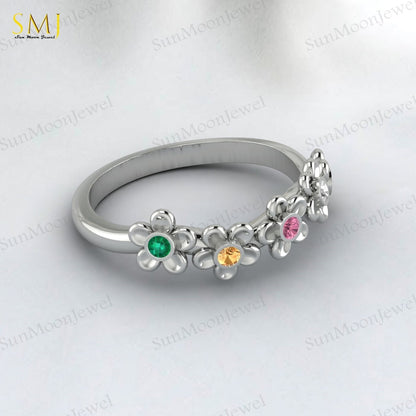 Natural Peridot Tourmaline Citrine Emerald Mutistone Flower Band in 925 Silver