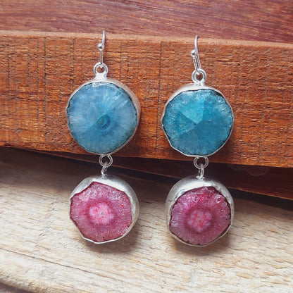 925 Sterling Silver Natural  Blue And Pink Solar Quartz Handmade Earring For Her