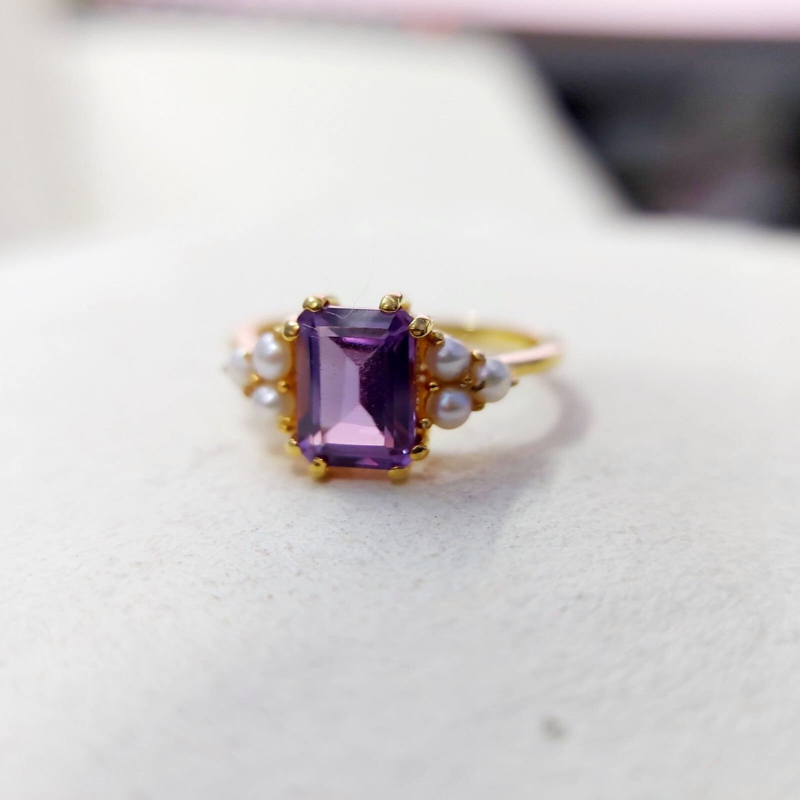 Emerald Cut Amethyst Pearl Ring Handmade Engagement Anniversary Ring Gift Us5~15