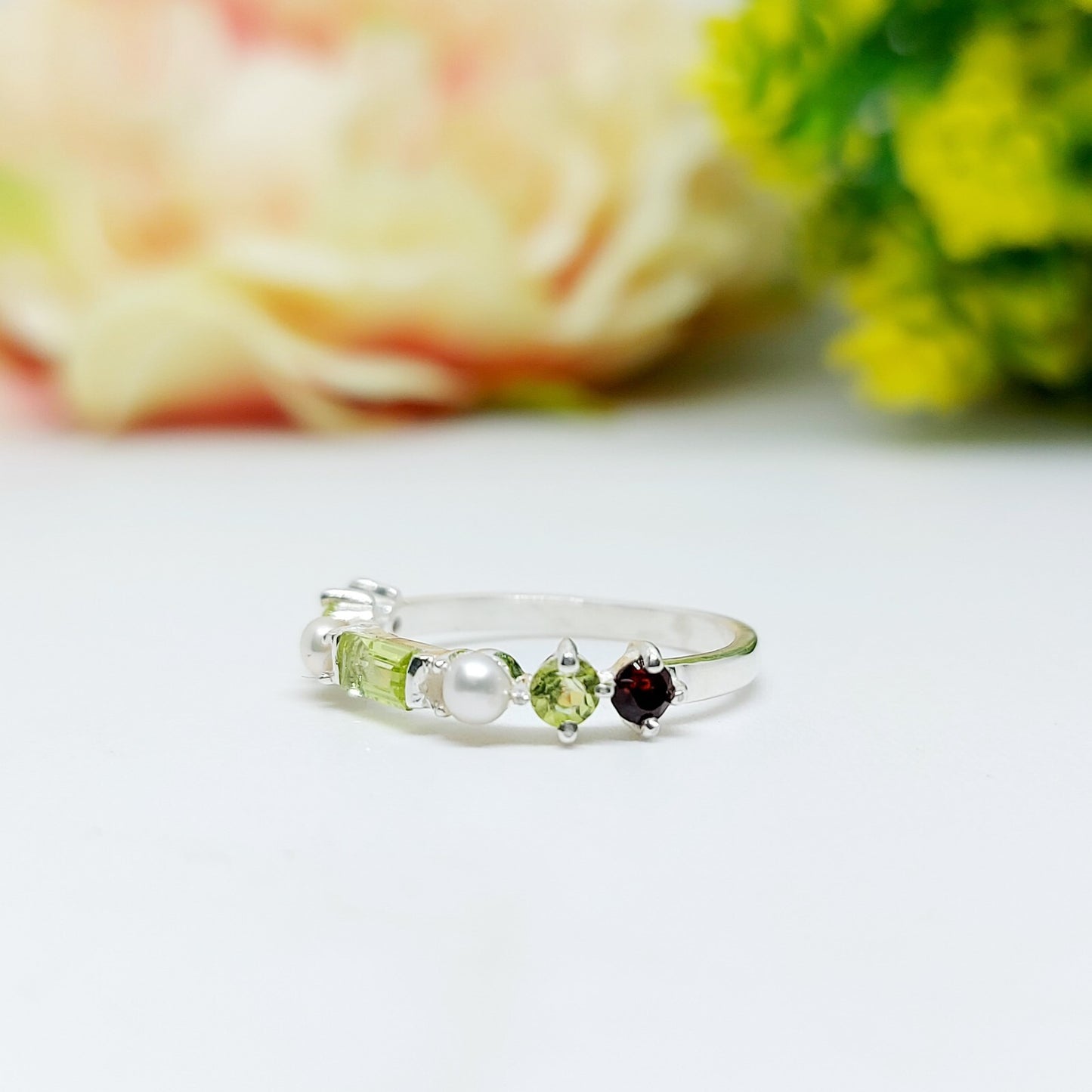 Natural Peridot 925 Silver Baguette Cut Ring Minimalist Green Stone Band US5~15
