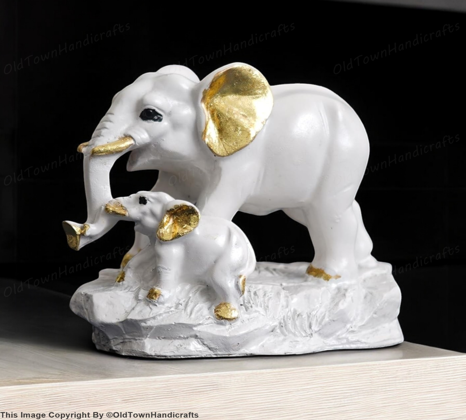 White & Golden Elephant with Baby Statue Decorative Showpiece for Home Office