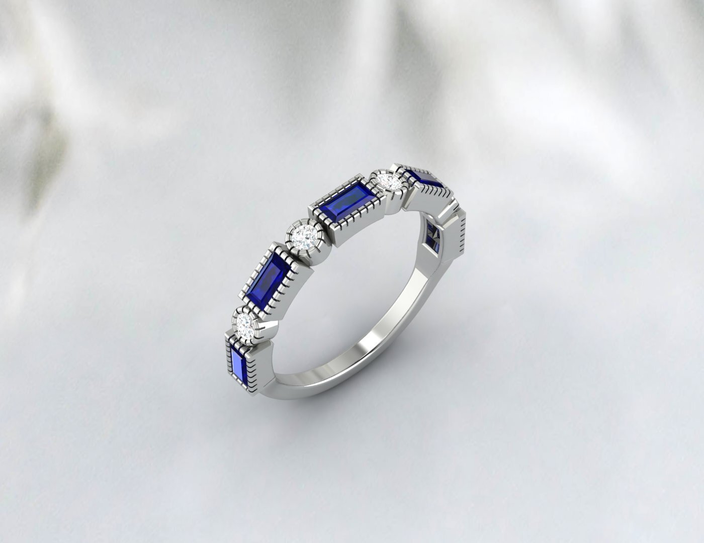 Baguette Sapphire & Cubic Zirconia Half Eternity Fine Silver Band Lab Created