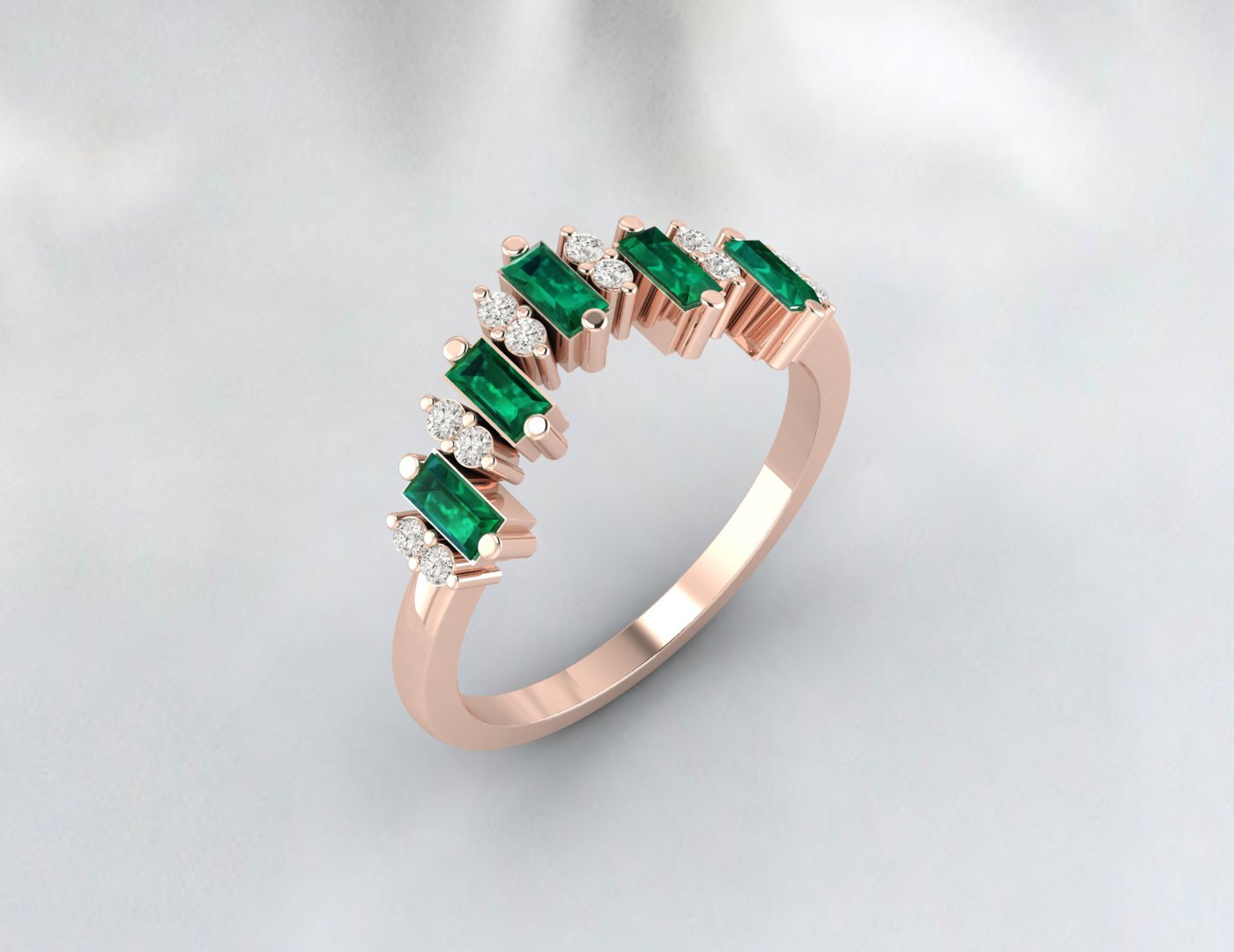 Baguette Green Emerald Crown Wedding Band Fine Silver Daimond Lab Created Band