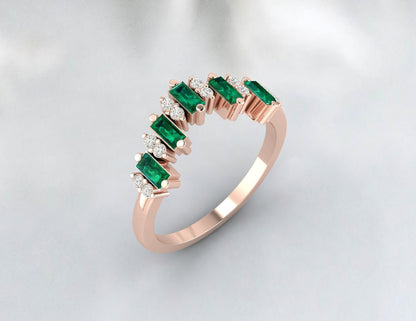 Baguette Green Emerald Crown Wedding Band Fine Silver Daimond Lab Created Band