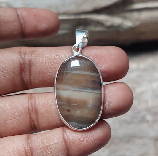Vintage Brown Agate Gemstone Pendant 925 Sterling Silver Necklace For Girl