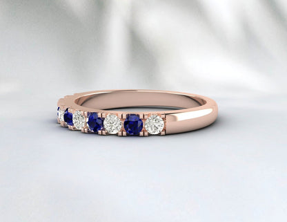 Blue Sapphire Half Eternity Band With Cz Diamond 925 Sterling Silver Lab Created