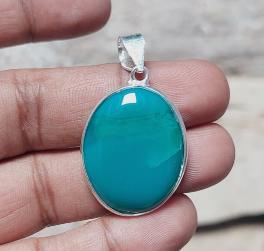 Oval Green Agate Stone Pendant Necklace 925 Sterling Silver Gift For Boyfriend