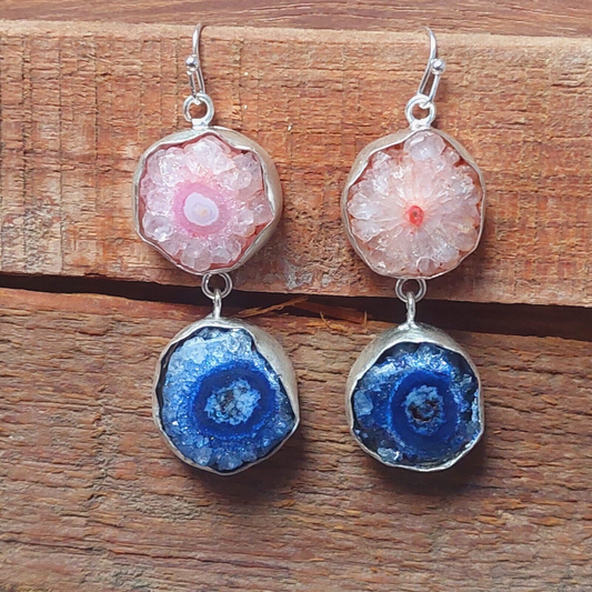 925 Sterling Silver Natural Pink And Blue Solar Quartz Handmade Earring For Mom