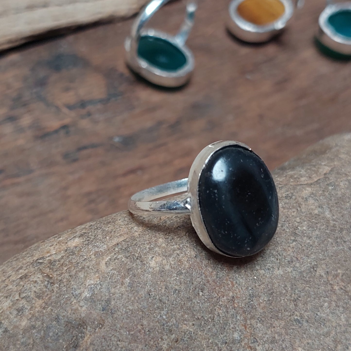 Oval Black Agate Slice Ring,925 Sterling Solid Silver Ring,Everyday Jewelry