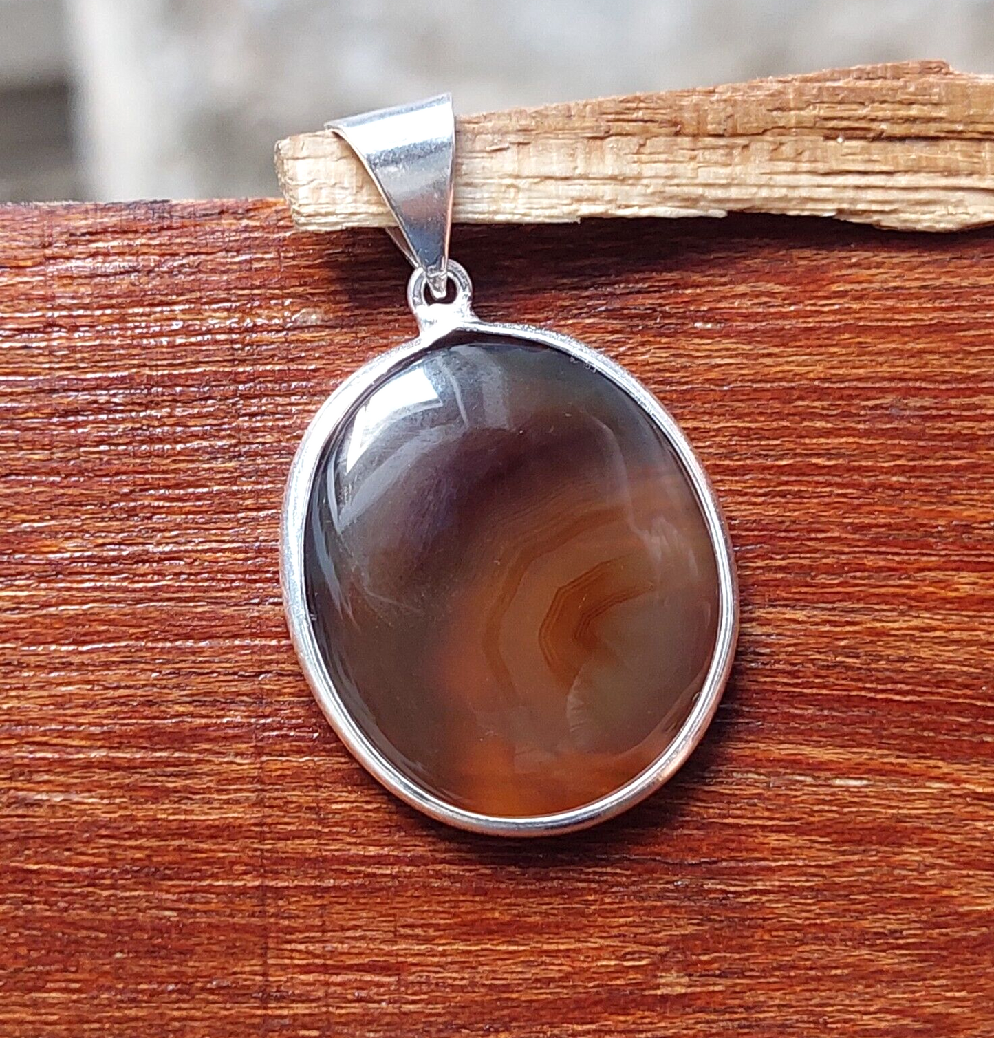 Round Banded Agate Handmade Sterling Silver Pendant Necklace Unique Gift for Her