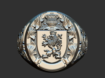 Lion And Roosters Coat of Arms Signet Silver 925 Men's Ring US7-15 Animal Lover