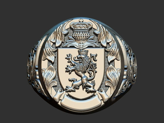 Lion And Roosters Coat of Arms Signet Silver 925 Men's Ring US7-15 Animal Lover