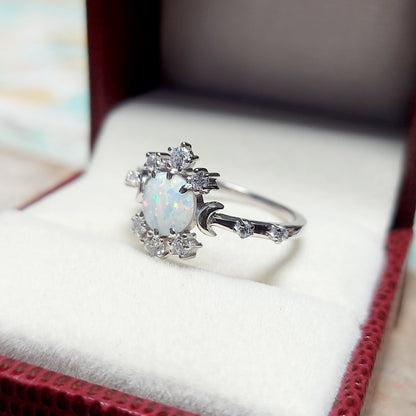 Natural Opal Ring Round Cut CZ Cluster 925 Silver Gift Ring US5~15 Vintage Look